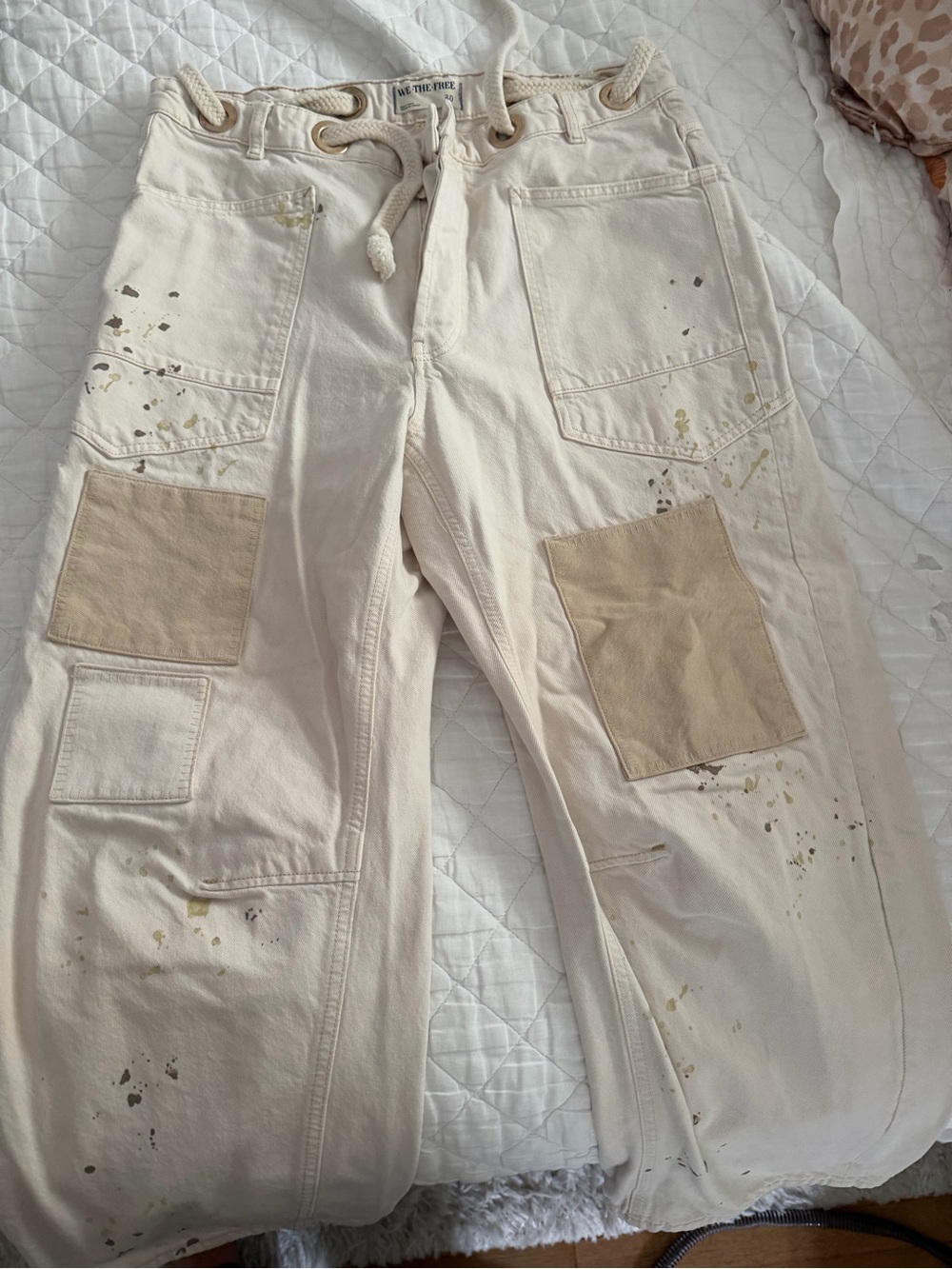 We The Free Cream Painter Patchwork Cargo Pants with Tan Knee Patches